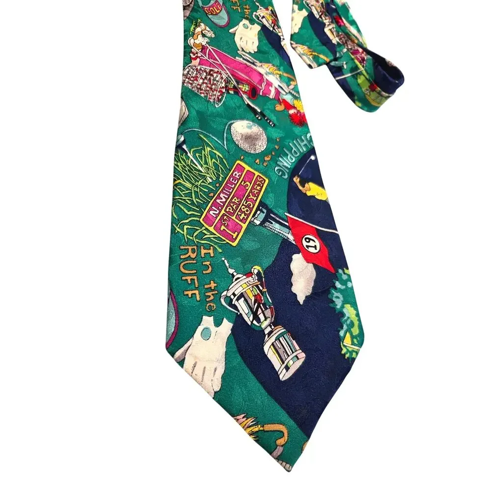 Nicole Miller Golf Tie Silk Green Novelty Necktie Golfer In The Ruff 1993 Mens